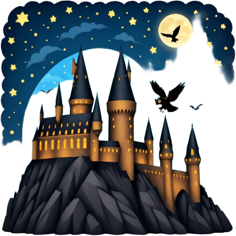 hogwarts castle on a starry night and owl flying in the air silhouette ...