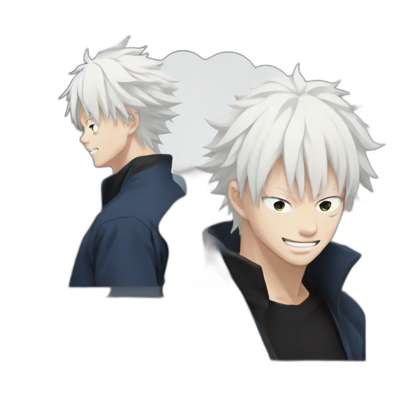gojo satoru smiling from jujutsu kaisen with white hair, blue sky eyes, wear a black tshirt emoji
