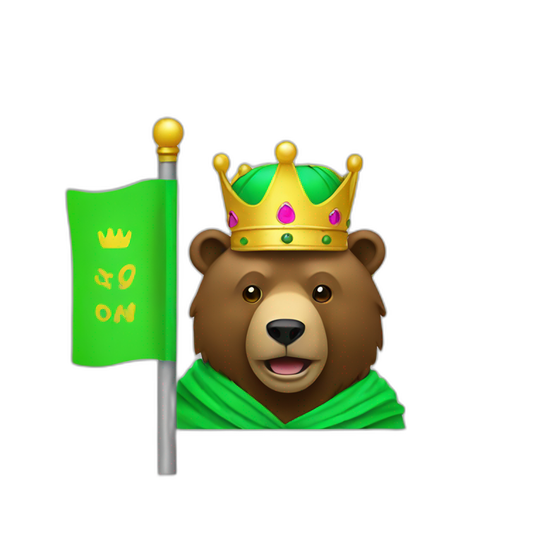 a brown bear with a crown holding a neon green flag emoji