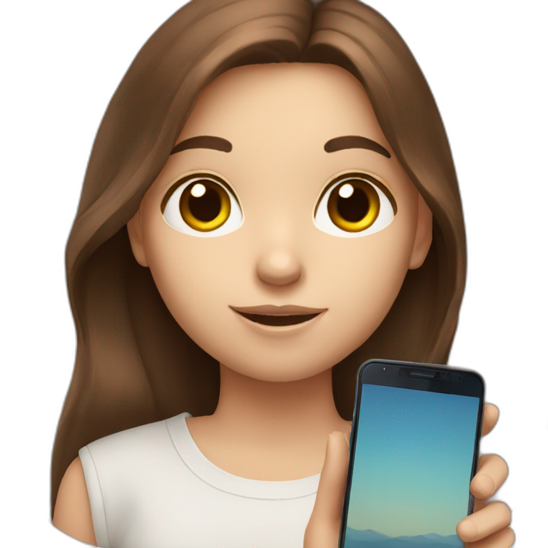 White cute girl with long brown hair holding phone emoji
