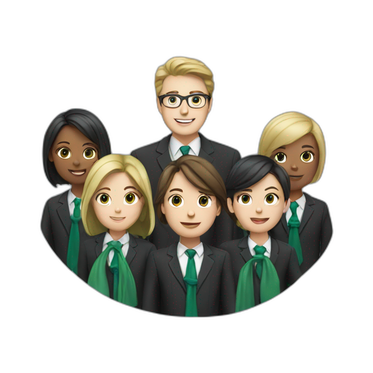 Many school  wyhite students and teacher in black blue school costume and green tie  emoji