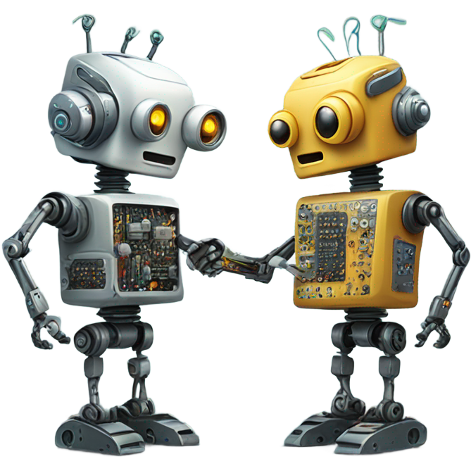 Two robots. One robot is performing surgery on the other robot's head ...