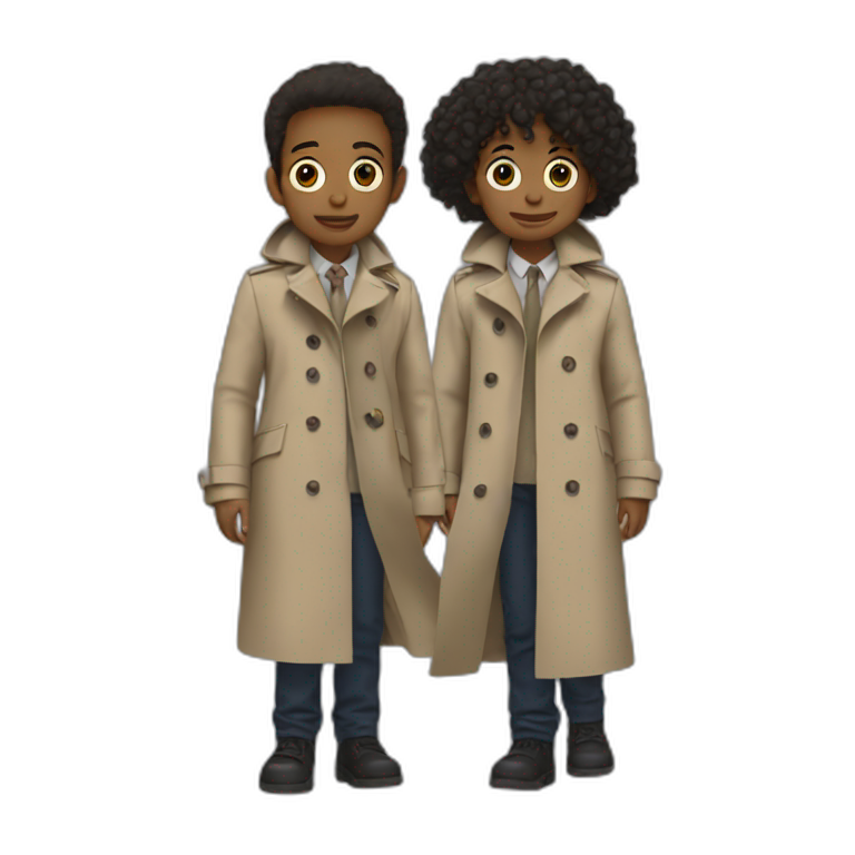 Two kids in one trenchcoat pretending to bé one person emoji