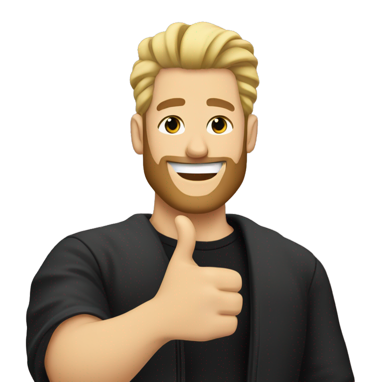 Blonde man with man bun and beard dressed in a black tshirt and black jacket giving two thumbs up and winking emoji