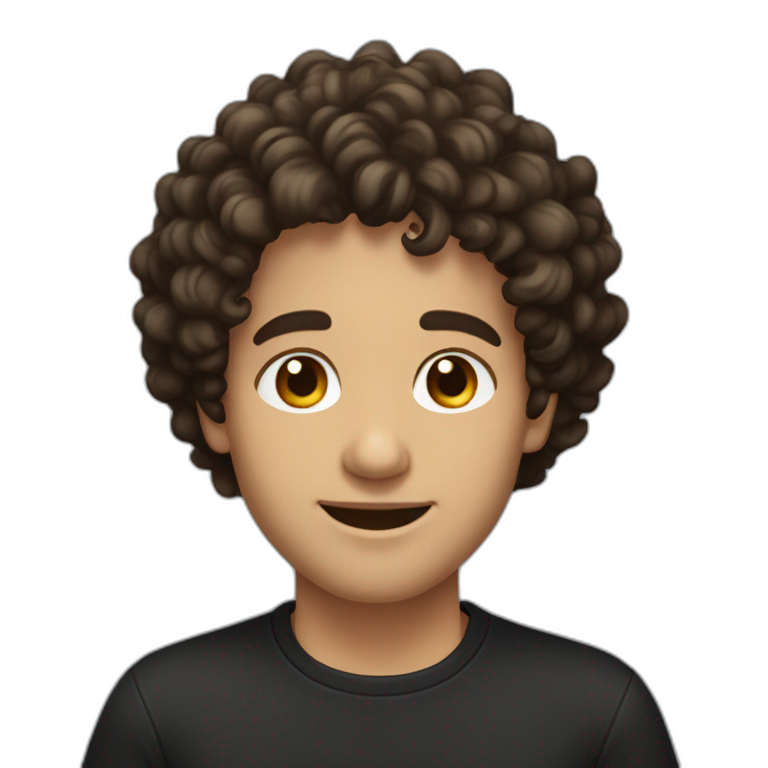 man short curly dark brown hair curls on forehead with brown eyes smiling black shirt light skin emoji