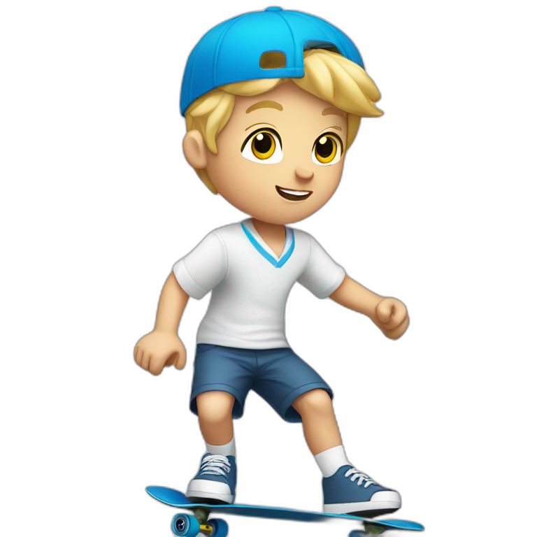 Blonde Boy in blue school shorts and white shirt sleeve shirt riding a skateboard emoji