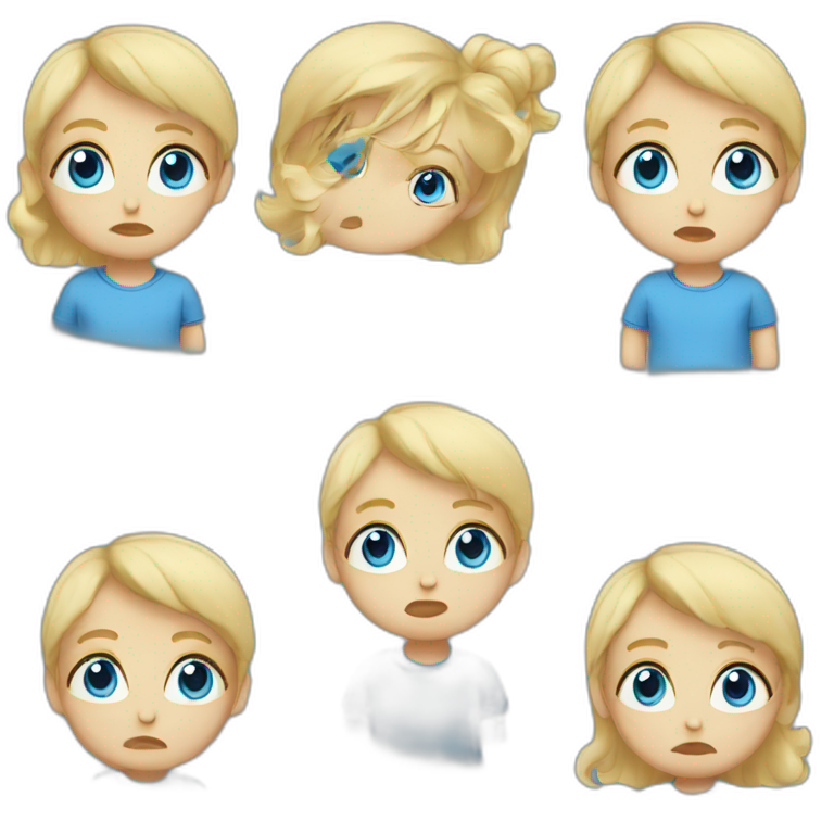 A baby with blond hair, blue eyes and a blue t-shirt and a sad face emoji