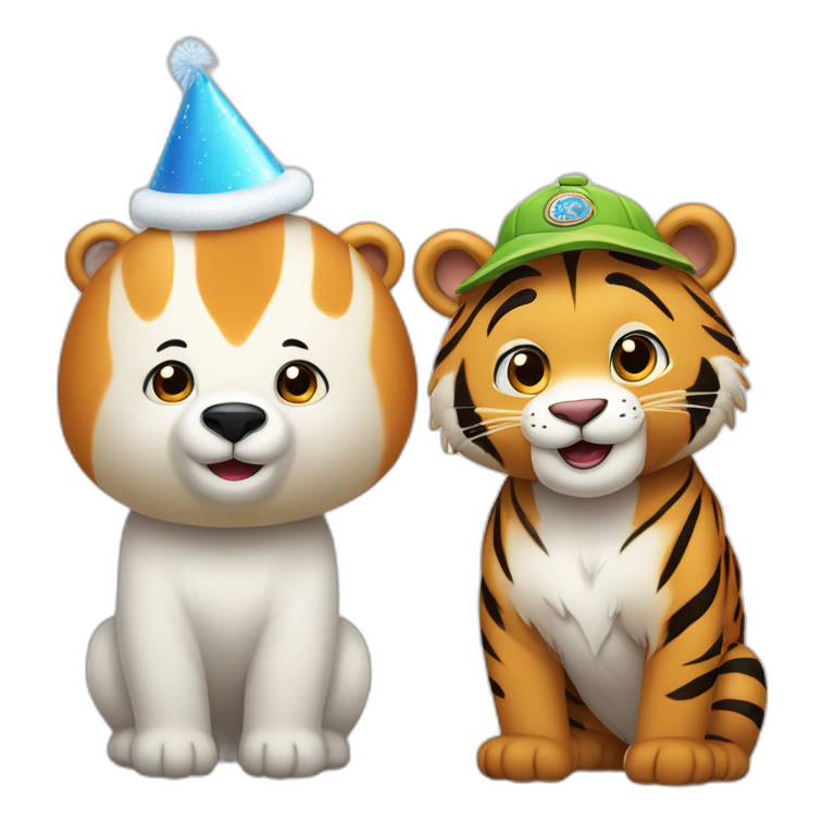 Un tierno oso polar y un tierno tigre usando gorros de cumpleaños  emoji