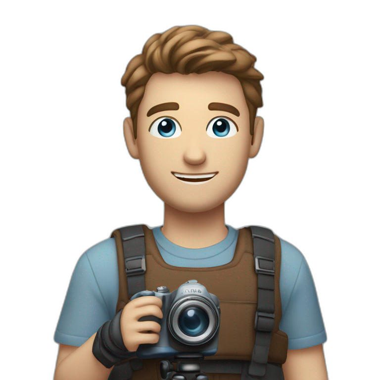 man with camera, he was smiling and he have brown short hair, blue eyes and he was tall. up camera there is a text "dir by mlodyw"  emoji