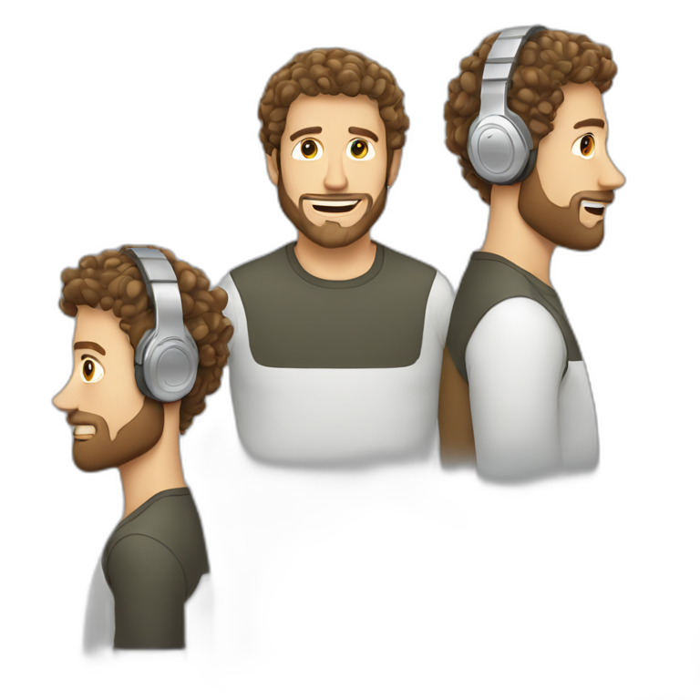 white guy with curly hair brun guy with white headphone and short beard emoji