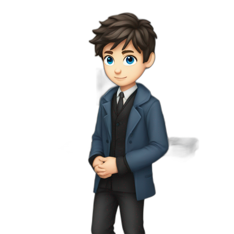 Blue eyes, Classy programmer, 13 years old, coat, formal outfit, pc in hands, brunette boy, uses pc stays on pc, black coat, has pc in hands, all body see emoji