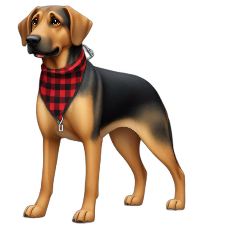 adult 75% Coonhound 25% German Shepherd mix dog wearing small pointed red buffalo plaid bandana full body walking left with leash emoji