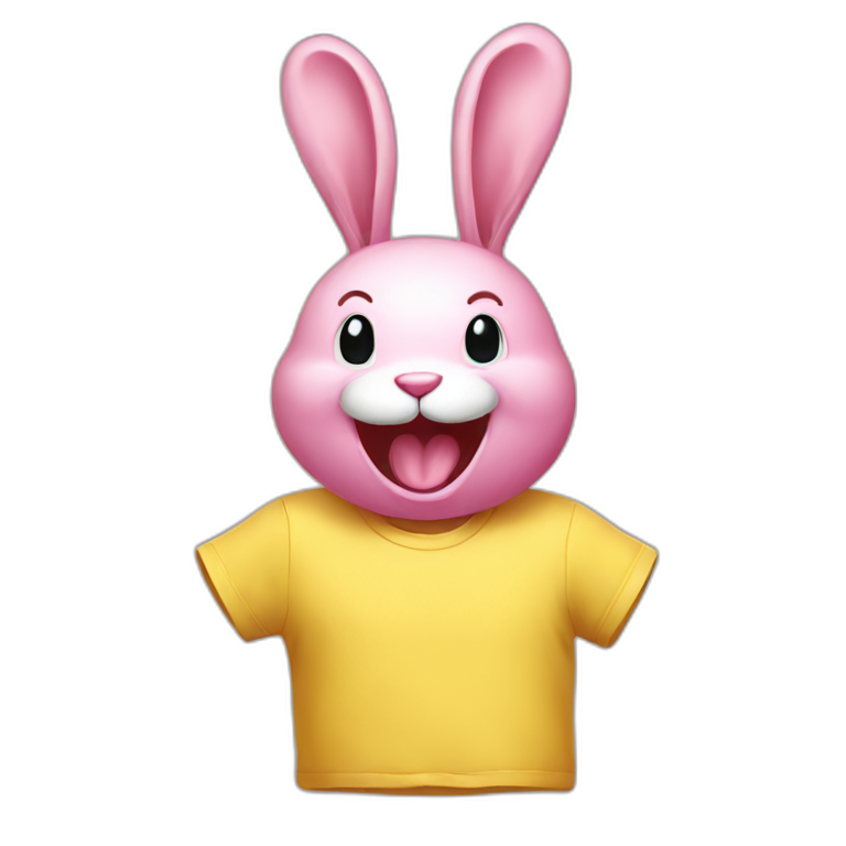Pink rabbit, yellow tee shirt, laughing emoji