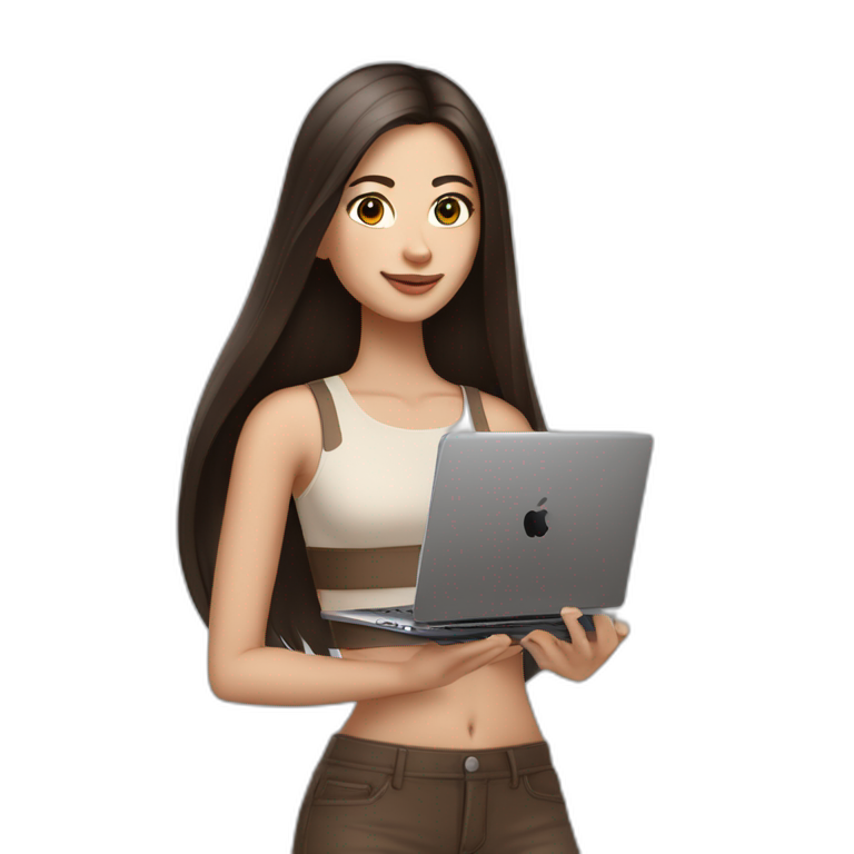 Beautiful woman, white skin,  long straight hair dark brown, dark brown eyes, with an iphone 14 pro max and a laptop, with basic outfit in nude color and comfy emoji