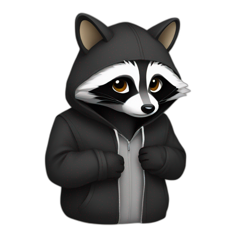 A raccoon who has a black coat and he puts on his hood so as not to be noticed emoji