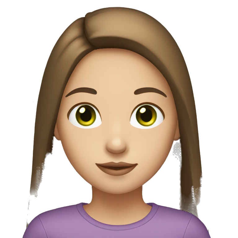Girl with long, straight brown hair, green eyes, light skin. emoji
