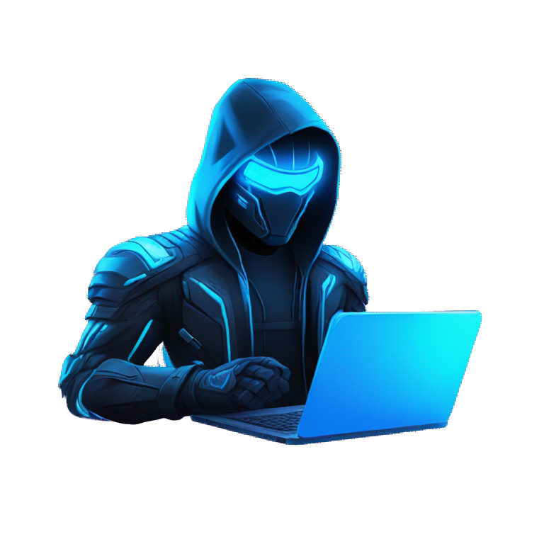 Hacker behind his laptop with this style : crysis Cyberpunk Valorant neon glowing bright blue character blue black hooded assassin themed character emoji