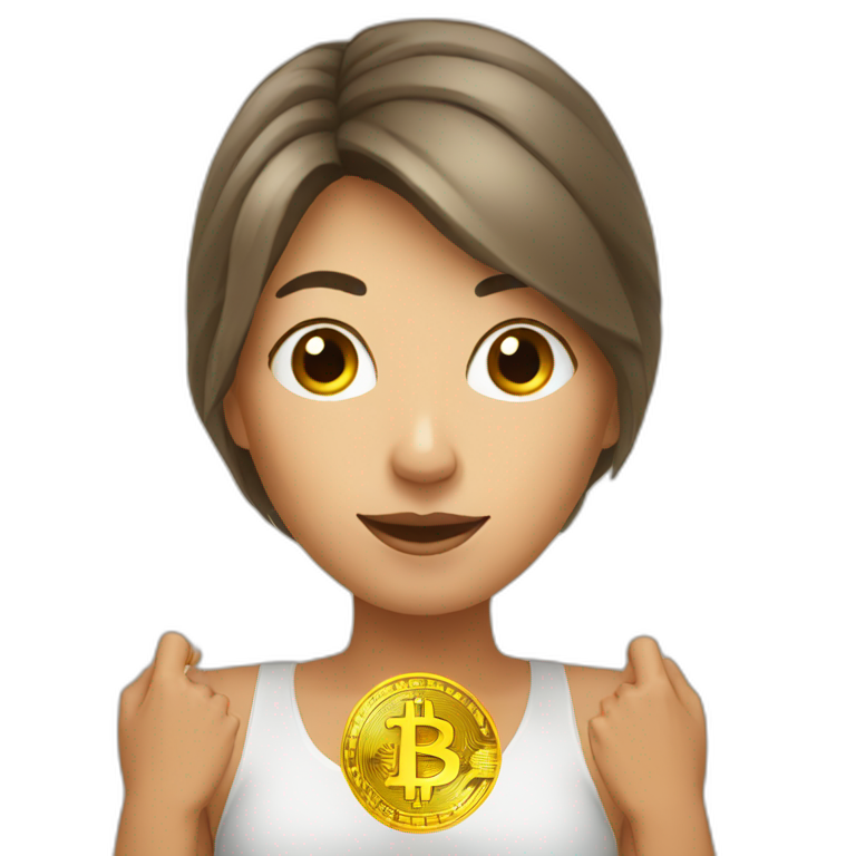 Woman holding bitcoin in her hands above her head emoji