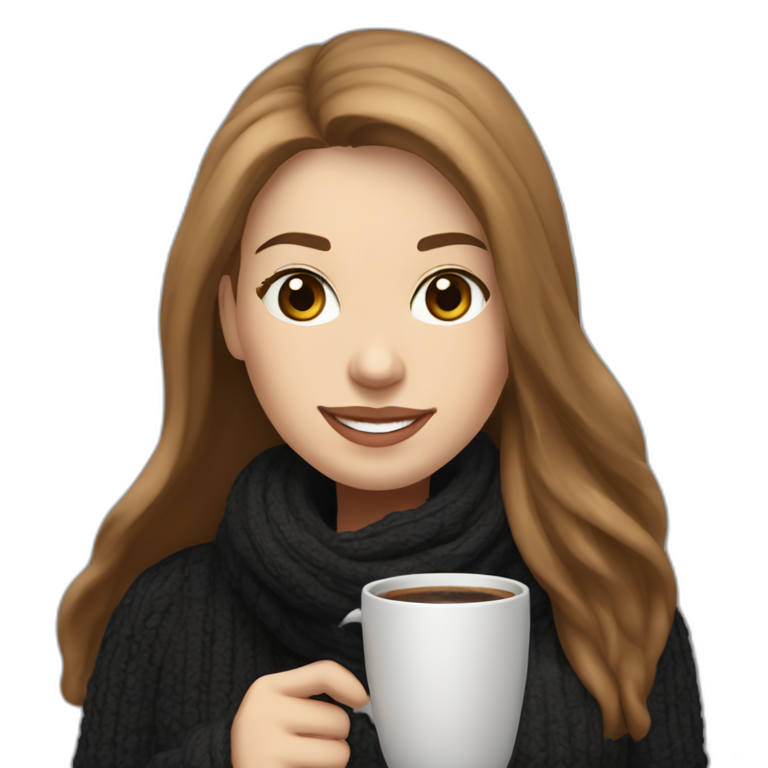 eyes closed smiling woman with pale skin middle brown long straight hair with a laptop and a large coffee mug wearing a black woolly shirt and a black woolly scarf emoji