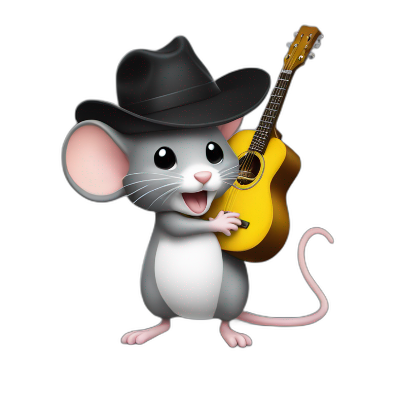 grey jerry mouse with white moustache, big black hat, and yellow guitar emoji