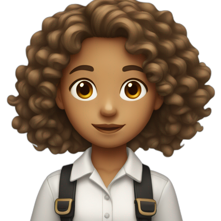 9 year old girl with long curly brown hair wearing a white shirt with black letters emoji