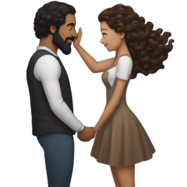 Brown man with a smooth black hair and a black beard kissing a white woman with long brown curly hair emoji