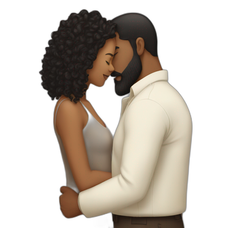 Brown man with a smooth black hair and a black beard kissing a white woman with long brown curly hair emoji