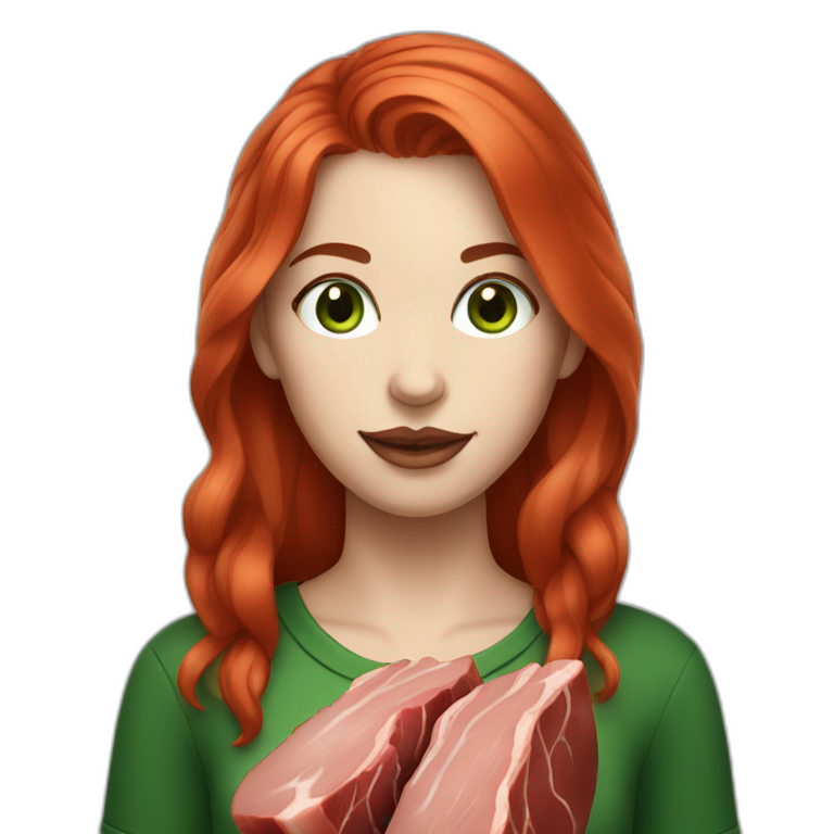 vegan woman white skin red hair green eyes holding meat emoji