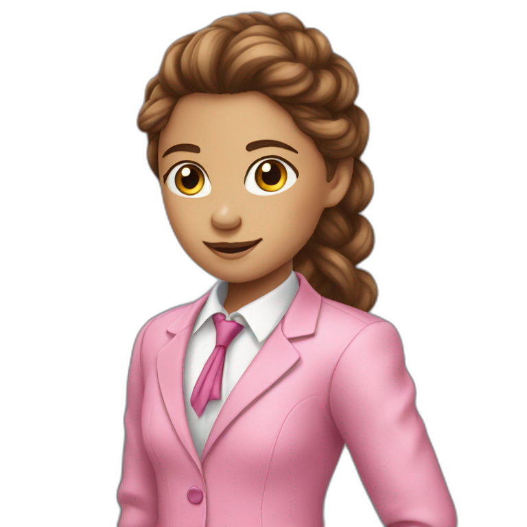 long brown curly pony tail girl wearing pink suit pointing emoji