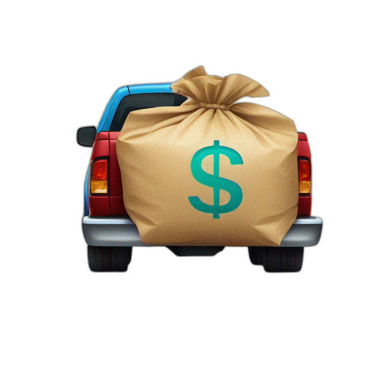 big bag with a dollar sign on it being transported on the back of a pickup truck emoji