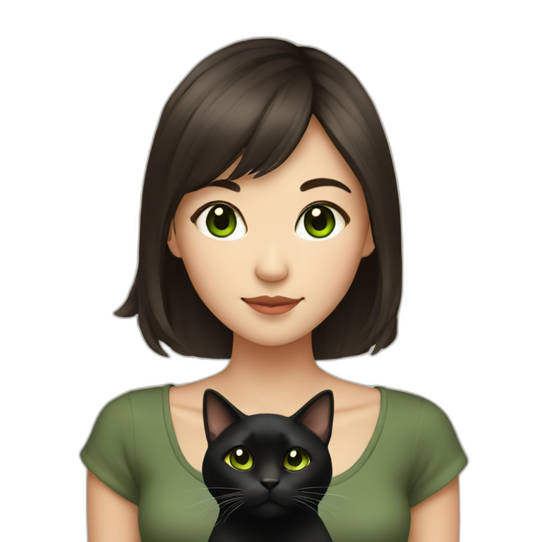 asian girl with brown hair and brown eyes holding a black cat with green eyes  emoji