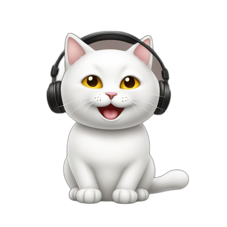 White Cat listen and music with happy face emoji