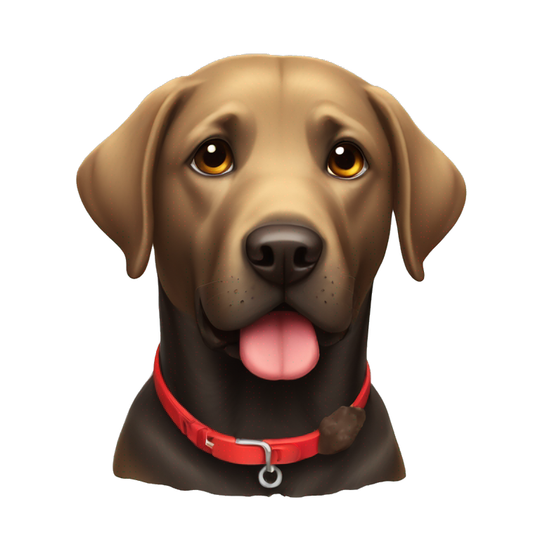 A black dog labrador with a red collar next to poo emoji