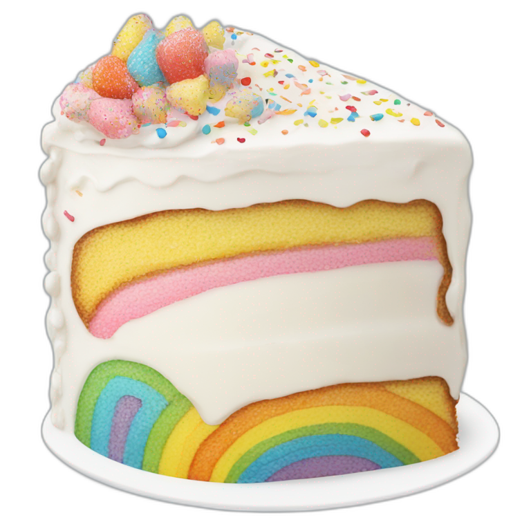 A slice of a white birthday cake with rainbows sprinkles  emoji