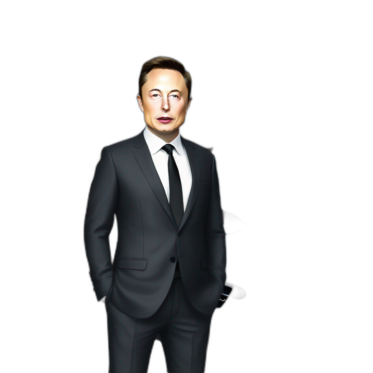 elon musk with a suit standing near tesla model x emoji
