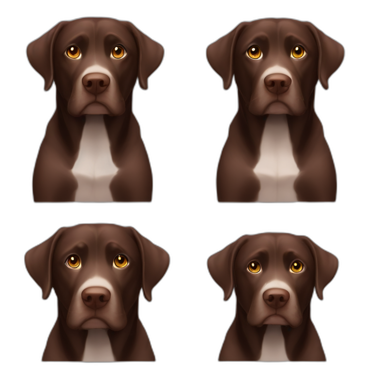 5 years old, female, Chubby, chocolate english lab, tired face, looking at you confused, very small amount of white scruff under chin emoji
