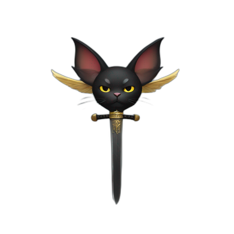 black cat with bad face, big wings, a samurai sword, dressed like a king emoji