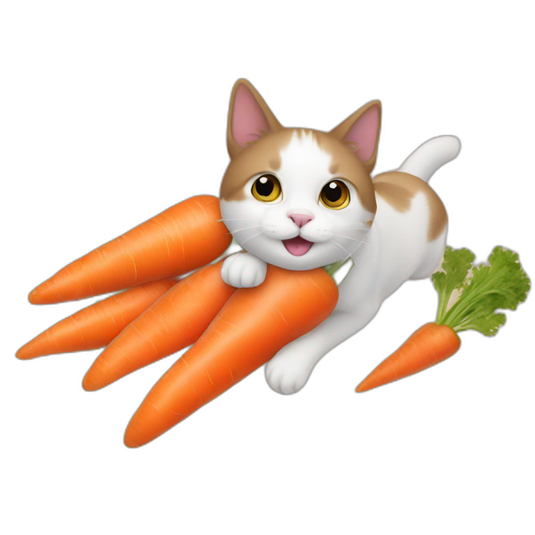 Cat flying on carpet with carrots emoji