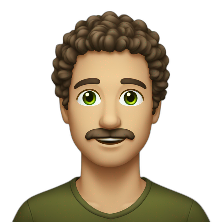 man-young-long-curly-hair-brown-italian-green-eyes-mustache emoji