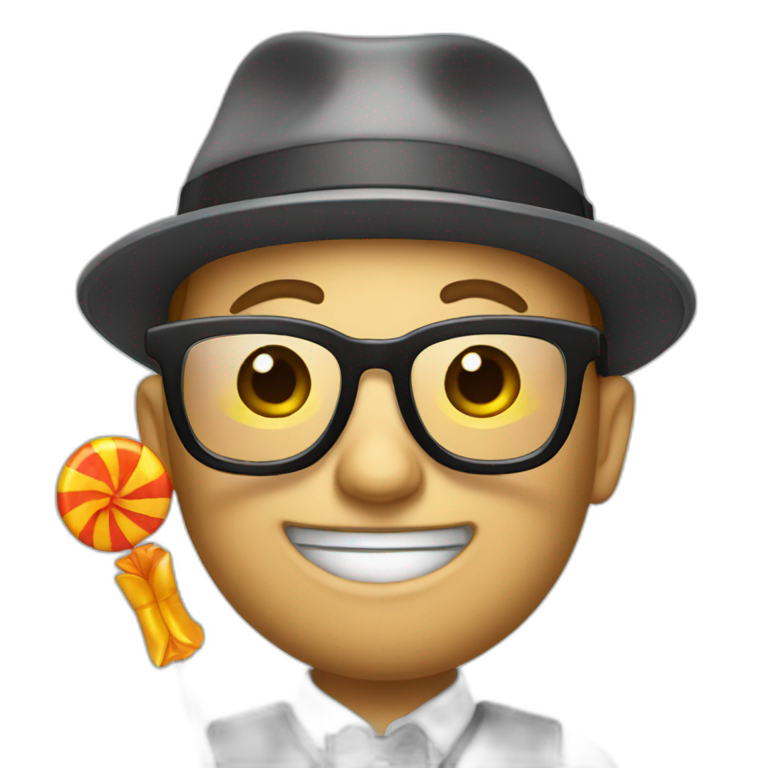 nerd emoji with propeller hat holding a lollipop emoji