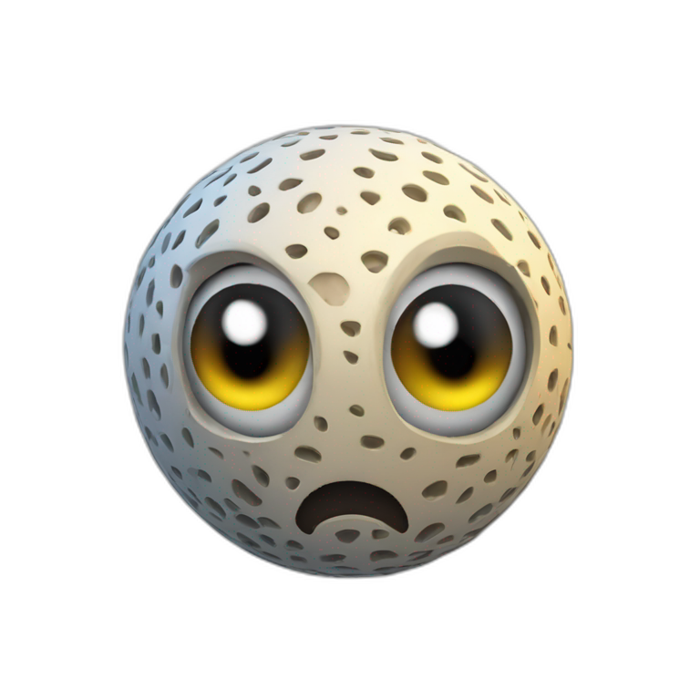3d sphere with a cartoon Vex skin texture with big thoughtful eyes emoji