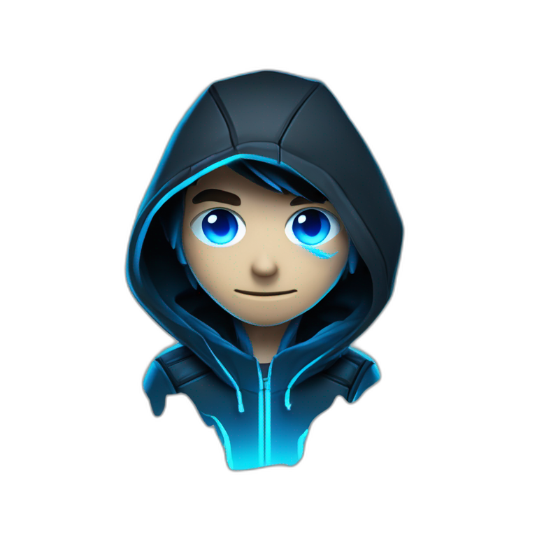 Young developer behind his laptop with this style : Crytek crysis video game neon glowing bright blue character blue black hooded assassin themed character emoji