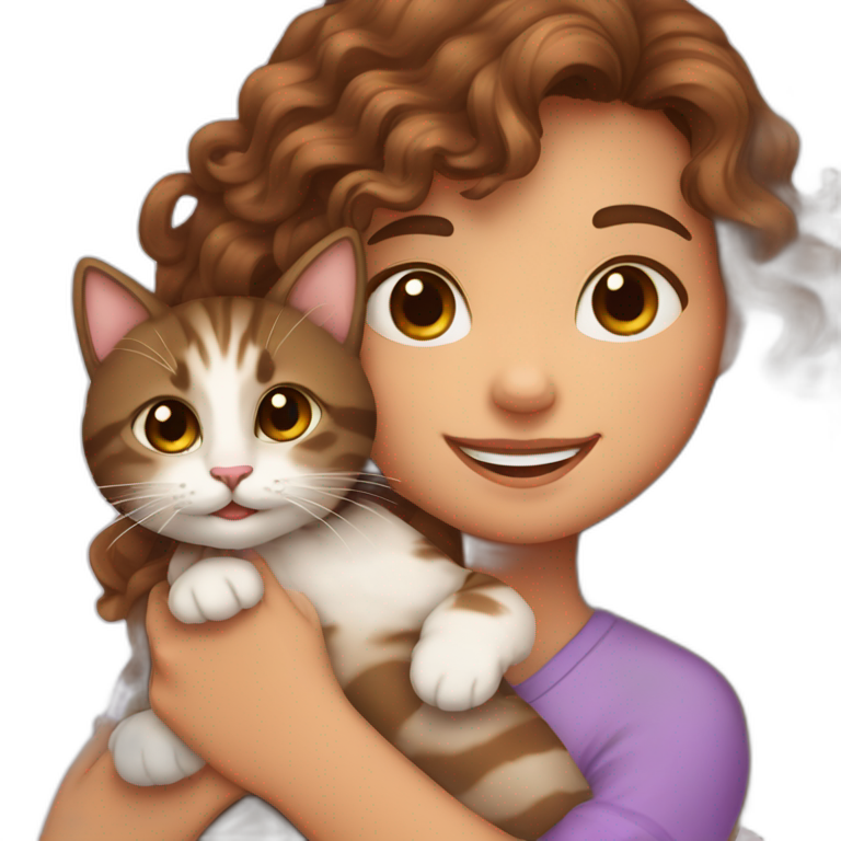 Girl long curly brown hair smiling et tenant brown eyes and holding a cat in her arms emoji