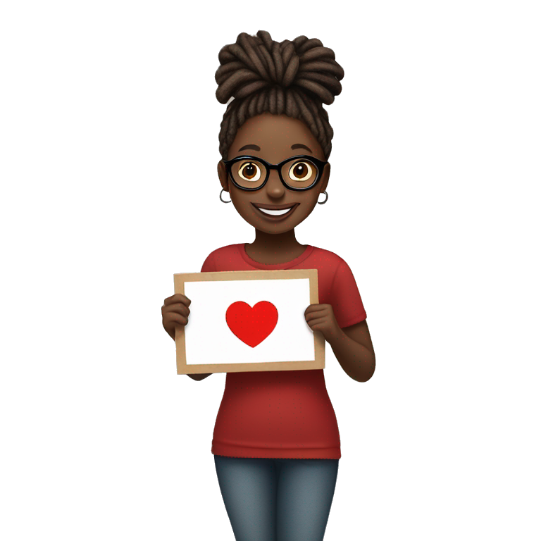 Black girl with red medium length dreadlocks holding a sign that says “PJ” with a red heart on the sign underneath the word, the girl is also smiling and is wearing glasses  emoji
