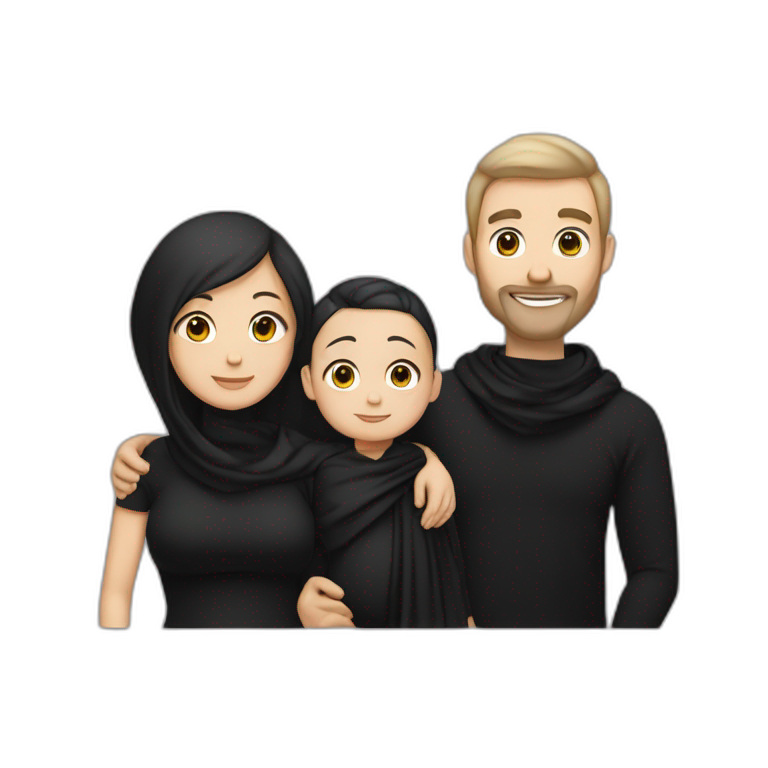 Daddy with white skin tone wear black tshirt and wife with sane skin tone wear black long blaus,black shawl and his baby wear black tshirt emoji