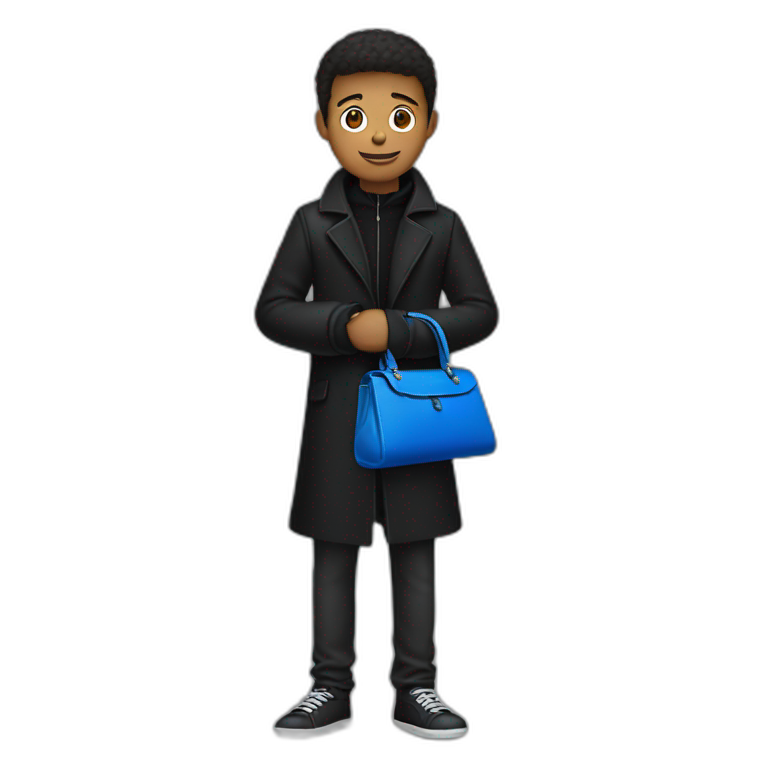 18 years old man with black coat , blue man purse,  emoji