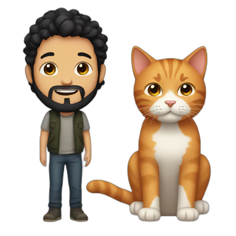 Boy with black hair and beard and ginger cat emoji