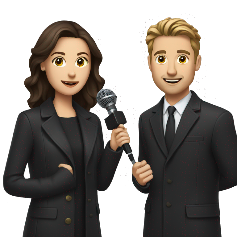 White male reporter with a microphone, brunette in a black coat emoji