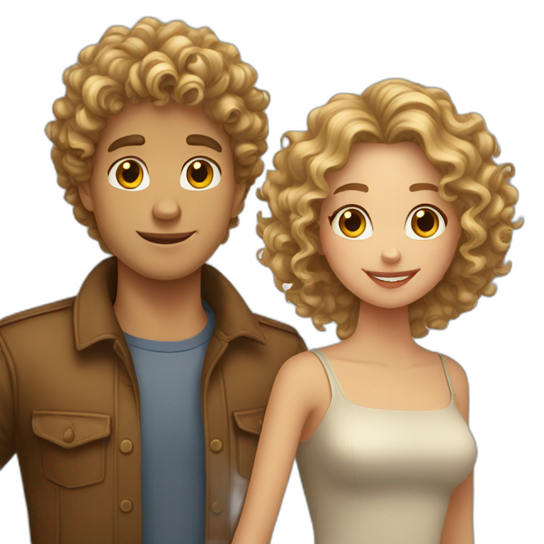 curly blond haired Guy and curly brown haired girl in love emoji