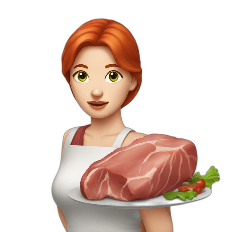 white skin red hair green eyes woman holding meat emoji